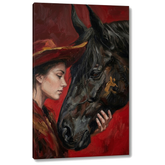 Quadro moderno donna con cavallo su tela, visualizzazione 3D con telaio in legno a vista, stile premium firmato Papilora.