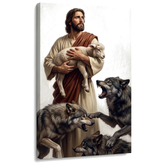 Quadro su tela di Gesù che protegge l'agnello dai lupi, visualizzazione 3D con telaio in legno a vista, stile premium Papilora.