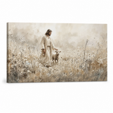 Quadro su tela moderno con Gesù Pastore e pecorella, visualizzazione 3D con telaio in legno a vista, stile artistico premium per la tua casa Papilora.