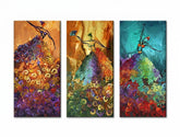 Dipinto a mano su tela, Papilora: figure danzanti con colori vivaci e motivi astratti.