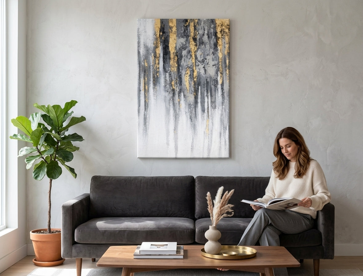 Quadro dipinto a mano con motivo a strisce verticali dorate e grigie appeso in un interno moderno ed elegante sopra una consolle in legno con un vaso e una candela.