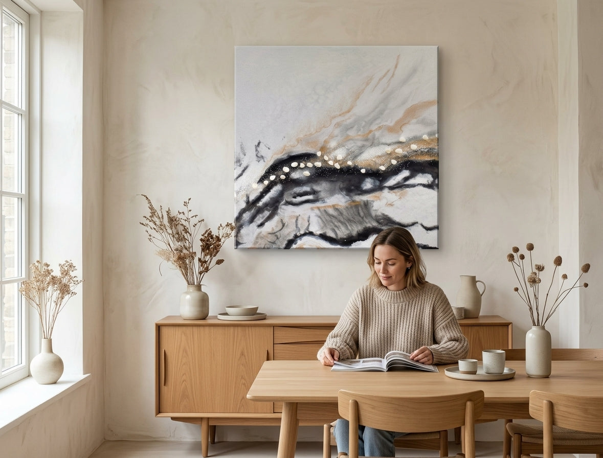 Quadro dipinto per parete ASTRATTO 70x70 cm – quadro dipinto a mano in un interno elegante (Scandi cream) | wall mockup | tela premium | Papilora.sk