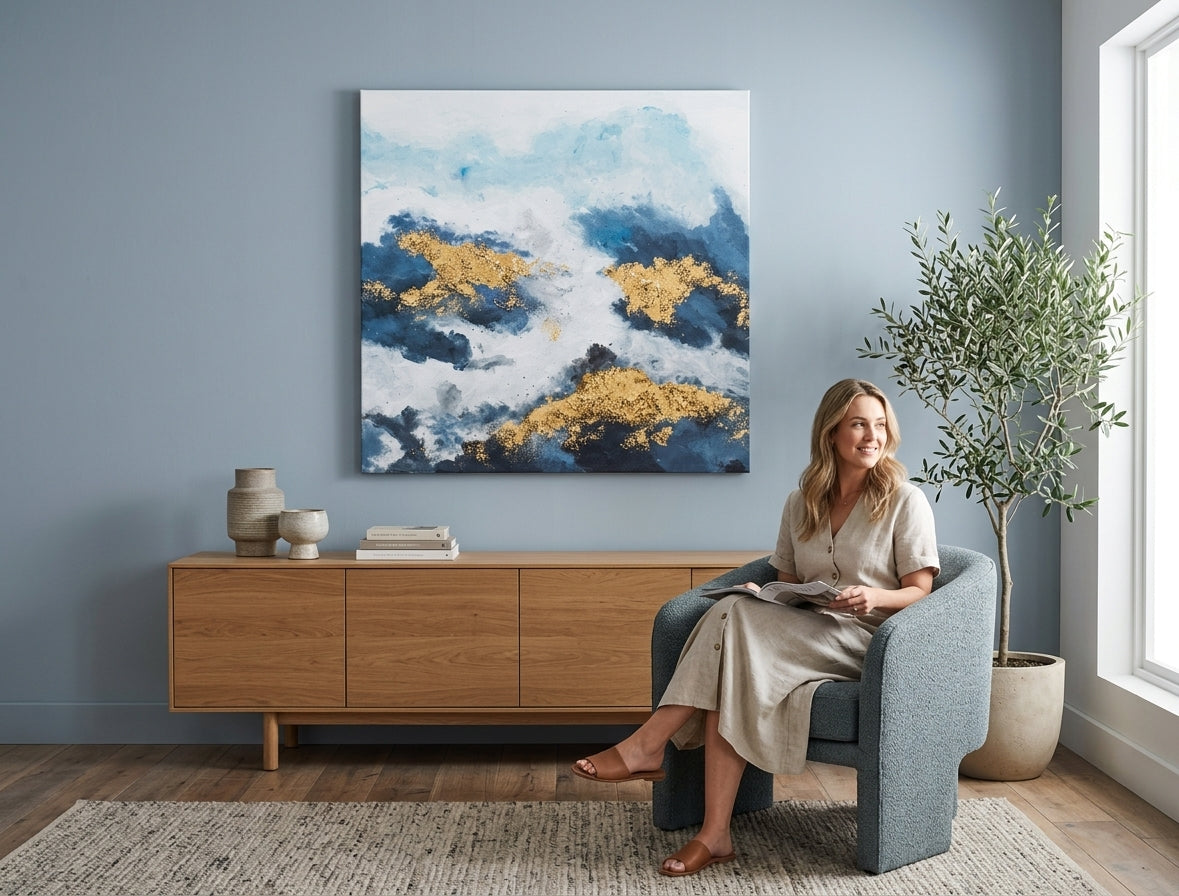 Quadro dipinto per parete ASTRATTO 70x70 cm – quadro dipinto a mano in un interno elegante (Golden hour luxe) | wall mockup | tela premium | Papilora.sk