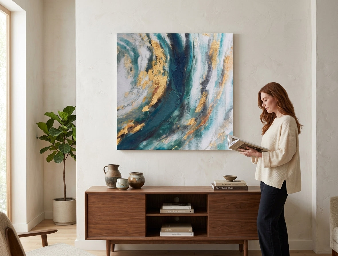 Quadro dipinto per parete ASTRATTO 70x70 cm – quadro dipinto a mano in un interno elegante (Lettura alla finestra) | mockup da parete | tela premium | Papilora.sk