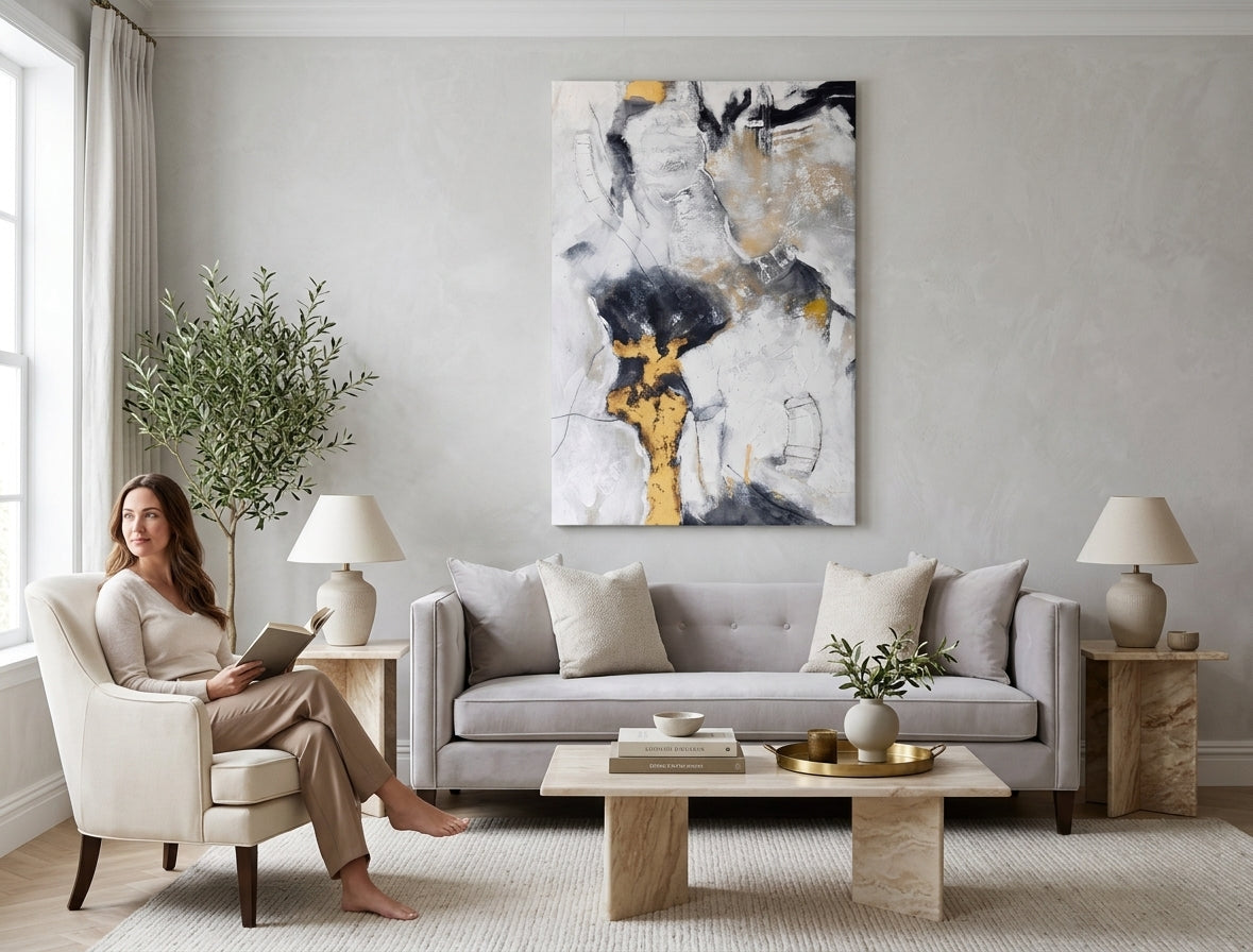 Quadro dipinto per parete ASTRATTO 80x120 cm – quadro dipinto a mano in un interno elegante (Golden hour luxe) | wall mockup | tela premium | Papilora.sk
