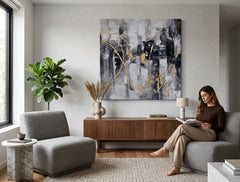 Quadro dipinto per parete ASTRATTO 80x80 cm – quadro dipinto a mano in un interno elegante (Golden hour luxe) | wall mockup | tela premium | Papilora.sk