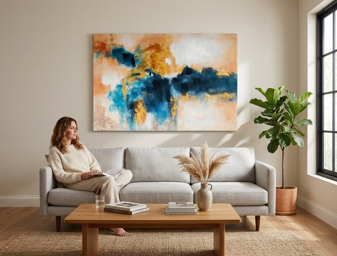 Quadro dipinto per parete ASTRATTO 120x80 cm – quadro dipinto a mano in un interno elegante (Modern coastal) | wall mockup | tela premium | Papilora.sk