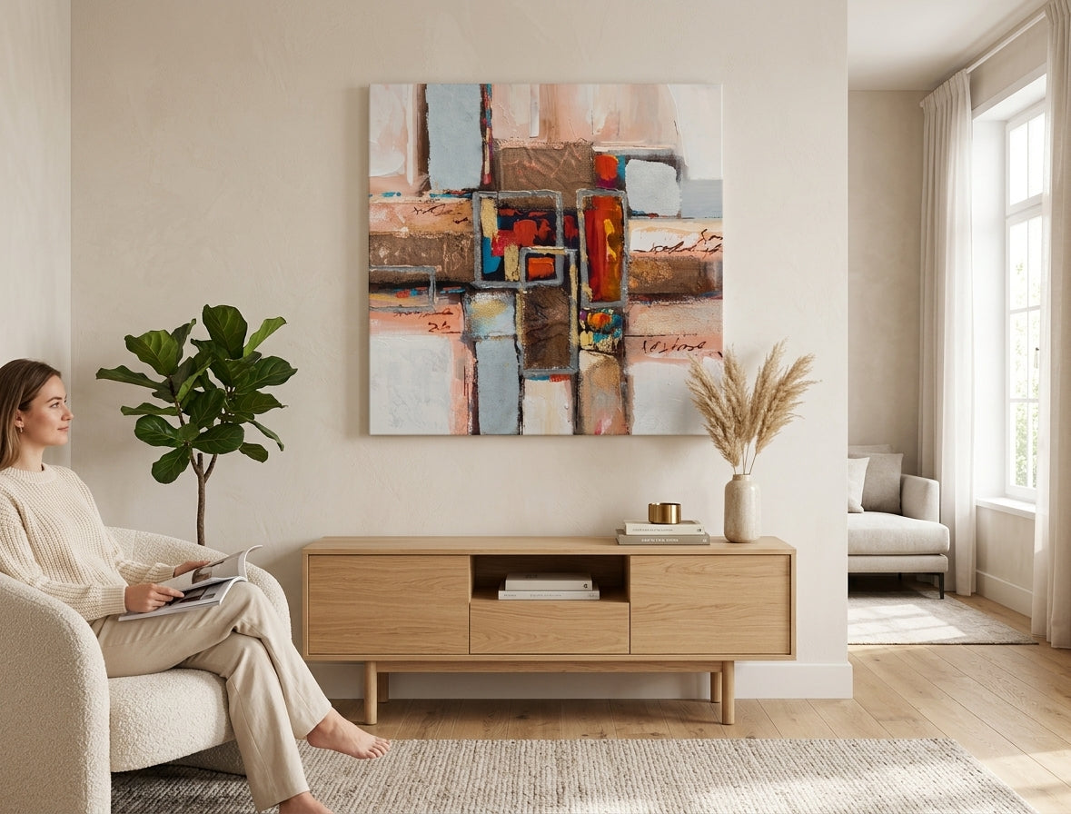Quadro dipinto per parete ASTRATTO 70x70 cm – quadro dipinto a mano in un interno elegante (Scandi cream) | mockup da parete | tela premium | Papilora.sk