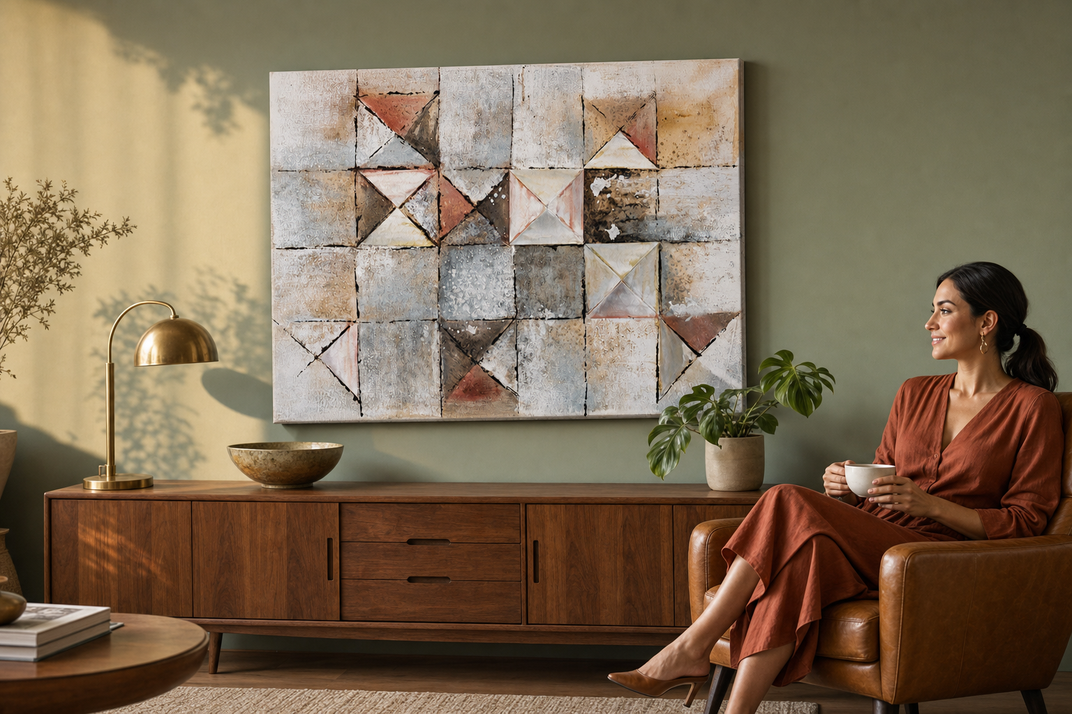 Quadro dipinto per parete ASTRATTO 80x60 cm – quadro dipinto a mano in un interno elegante (Mid-century warm) | wall mockup | premium canvas | Papilora.sk