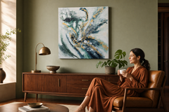 Quadro dipinto per parete ASTRATTO 100x100 cm – quadro dipinto a mano in un interno elegante (Mid-century warm) | wall mockup | tela premium | Papilora.sk