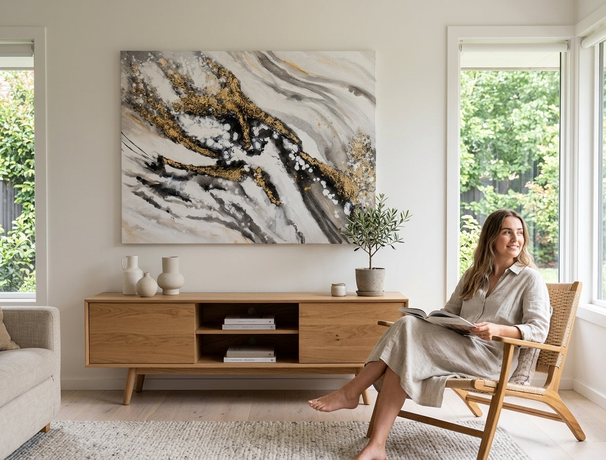Quadro dipinto a mano con motivo astratto a strisce nere, dorate e bianche appeso in un moderno e stiloso interno sopra una consolle in legno con vaso e candela.