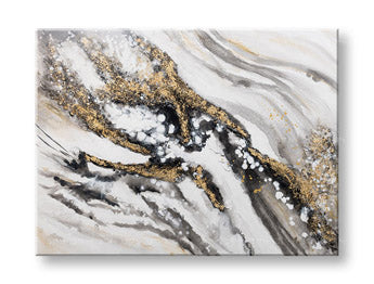 Quadro dipinto a mano su tela con motivo astratto a strisce nere, dorate e bianche – anteprima dettagliata della pennellata e della composizione.