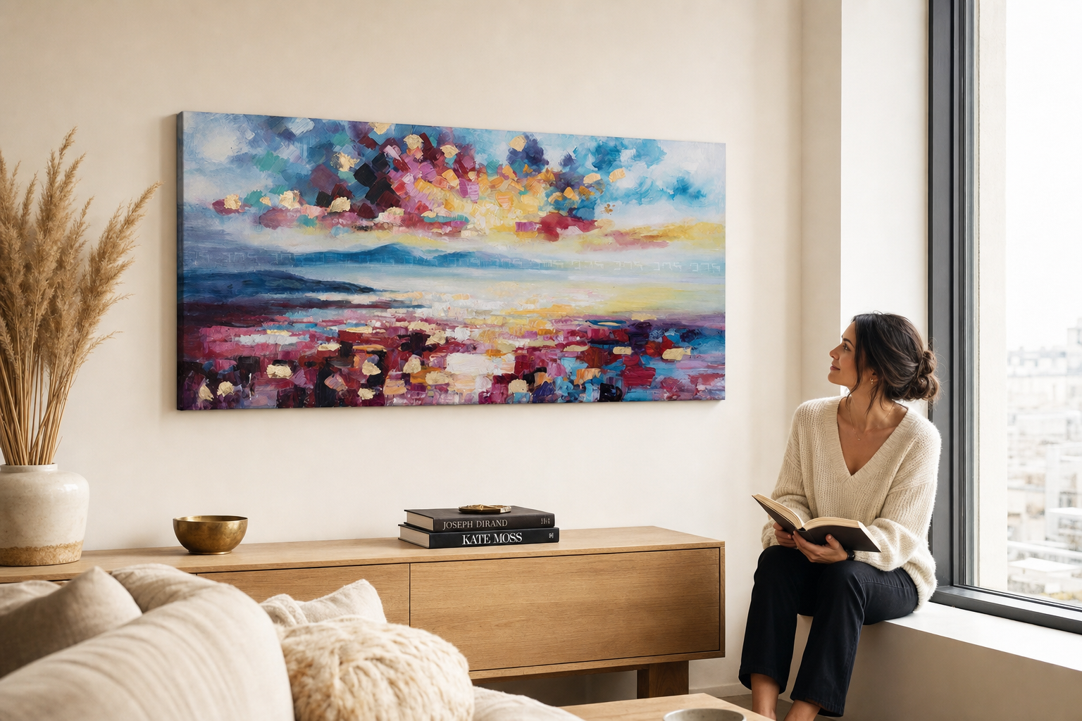 Quadro dipinto per parete ASTRATTO 140x70 cm – quadro dipinto a mano in un interno elegante (Window reading) | wall mockup | tela premium | Papilora.sk