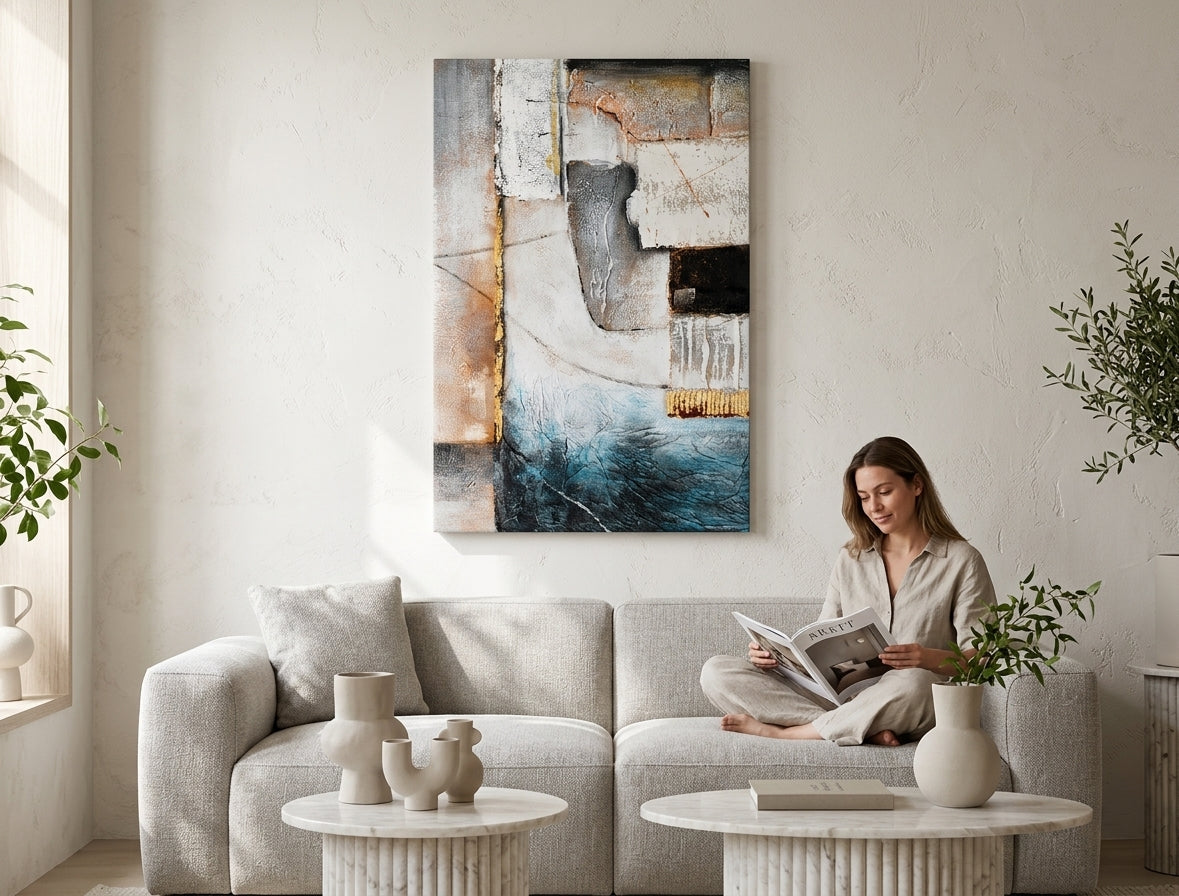 Quadro dipinto per parete ASTRATTO 80x120 cm – quadro dipinto a mano in un interno elegante (Scandi cream) | wall mockup | tela premium | Papilora.sk