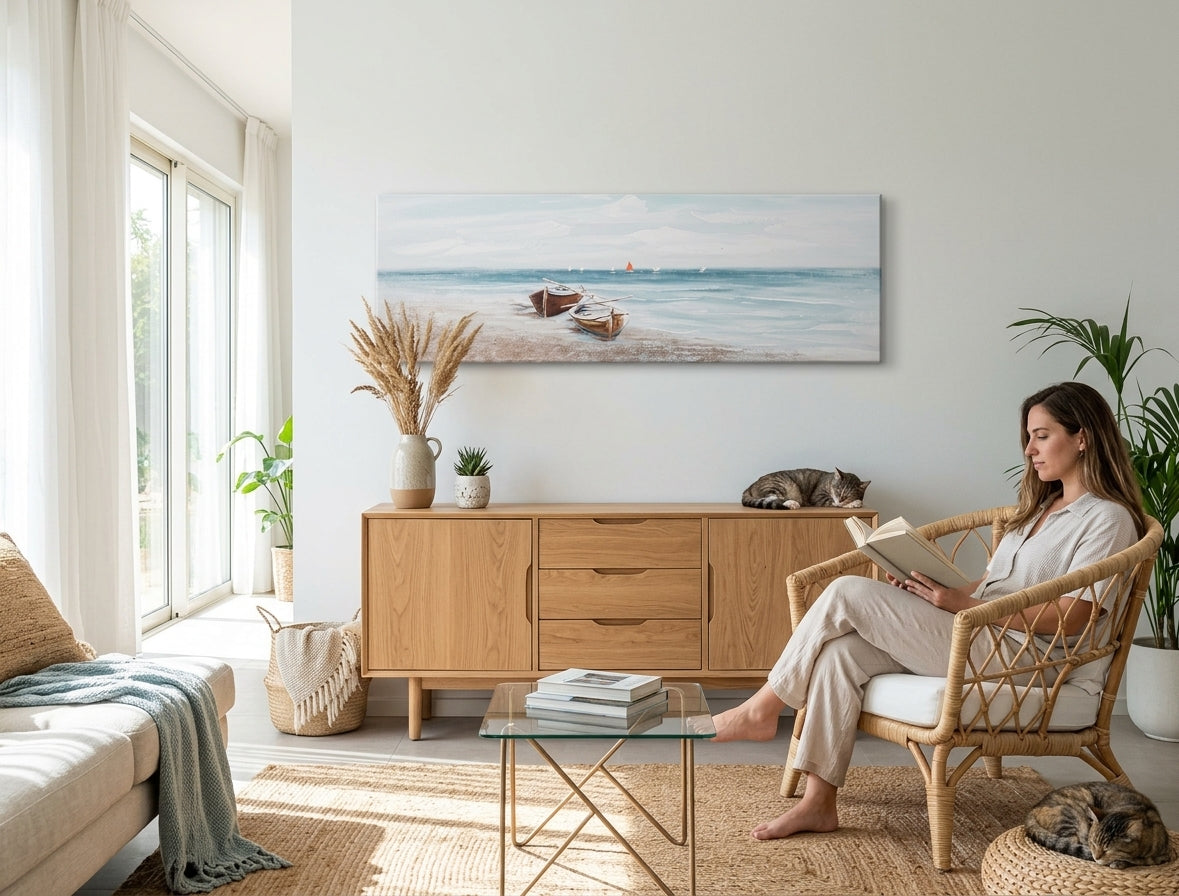 Quadro dipinto per parete SPIAGGIA 120x40 cm – quadro dipinto a mano in un interno elegante (Mid-century warm) | wall mockup | tela premium | Papilora.sk