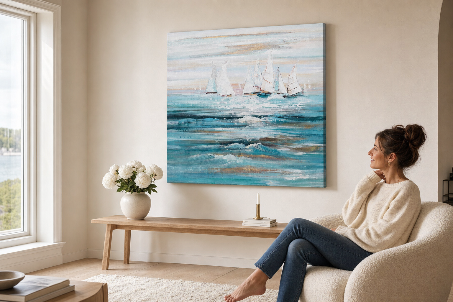 Quadro dipinto per parete BARCHETTE 90x60 cm – quadro dipinto a mano in un interno elegante (Scandi cream) | wall mockup | tela premium | Papilora.sk