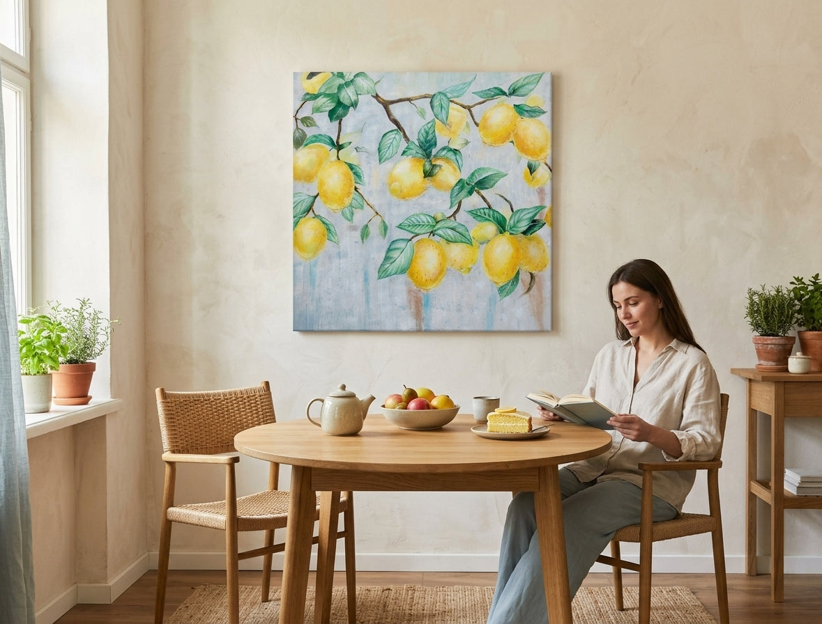 Quadro dipinto a mano con motivo di limoni gialli su rami con foglie verdi appeso in un interno moderno ed elegante sopra una consolle in legno con un vaso e una candela.