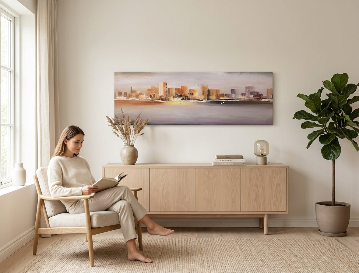 Quadro dipinto per parete CITTÀ 120x40 cm – quadro dipinto a mano in un interno elegante (Lettura alla finestra) | mockup da parete | tela premium | Papilora.sk