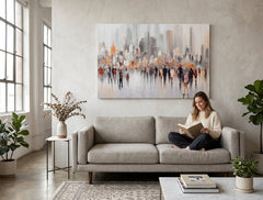 Quadro dipinto per parete CITTÀ 120x80 cm – quadro dipinto a mano in un interno elegante (Mid-century warm) | wall mockup | tela premium | Papilora.sk