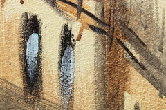 Dettaglio della pennellata sul quadro dipinto a mano con motivo di strada cittadina nei toni del beige-marrone – primo piano sugli strati di colore.
