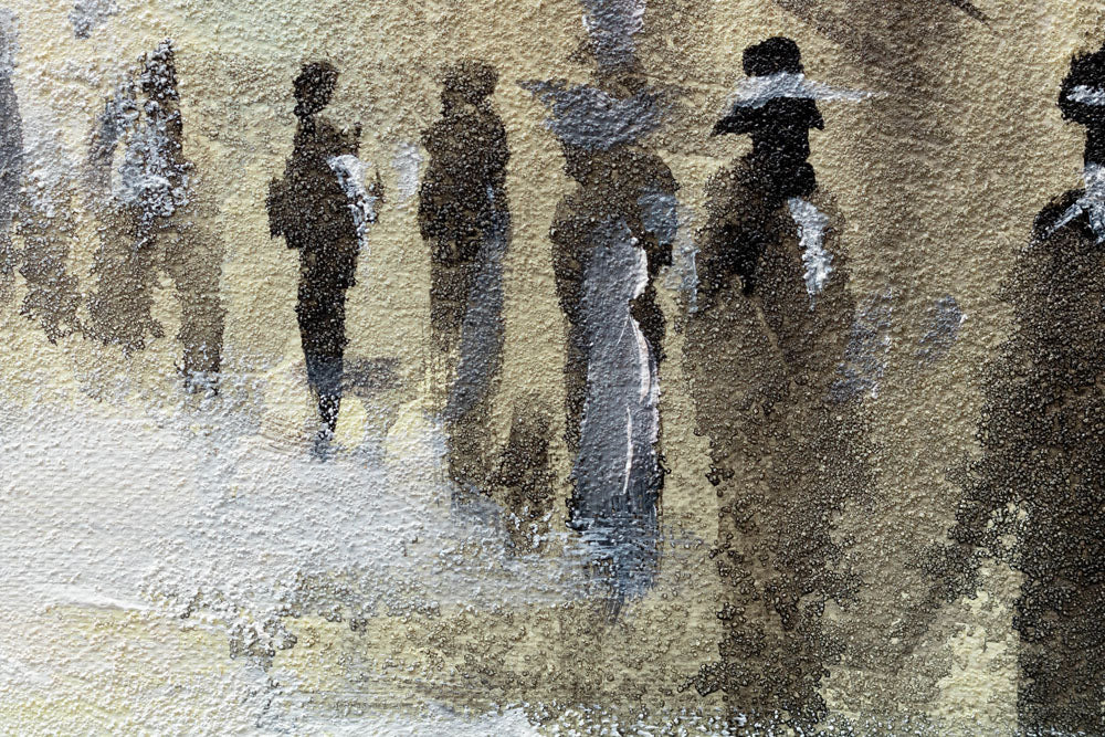 Dettaglio delle transizioni di colore sul quadro dipinto a mano con motivo di strada cittadina nei toni del beige-marrone – delicate pennellate acriliche.