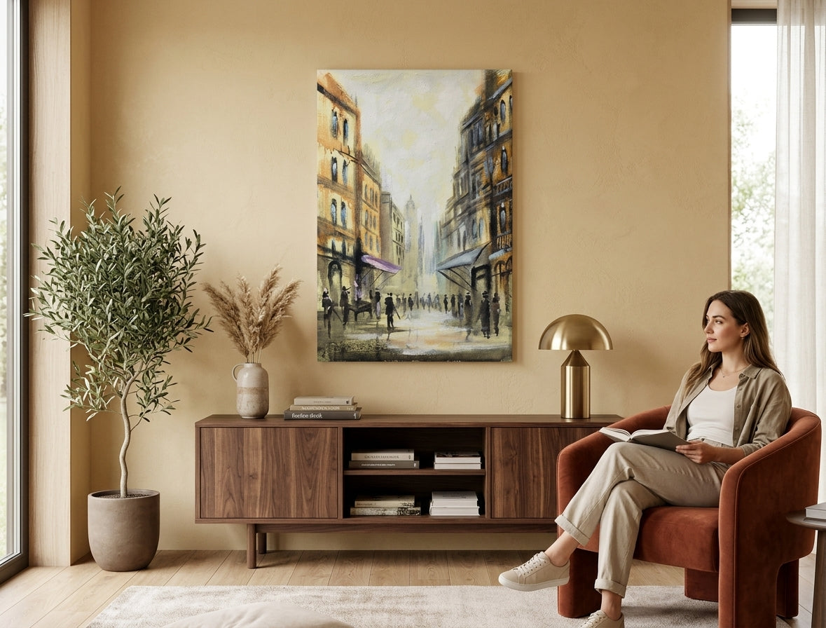 Quadro dipinto a mano con motivo di strada cittadina nei toni del beige-marrone appeso in un interno moderno ed elegante sopra una consolle in legno con vaso e candela.