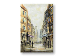 Quadro dipinto a mano su tela con motivo di strada cittadina nei toni del beige-marrone – anteprima dettagliata della pennellata e della composizione.