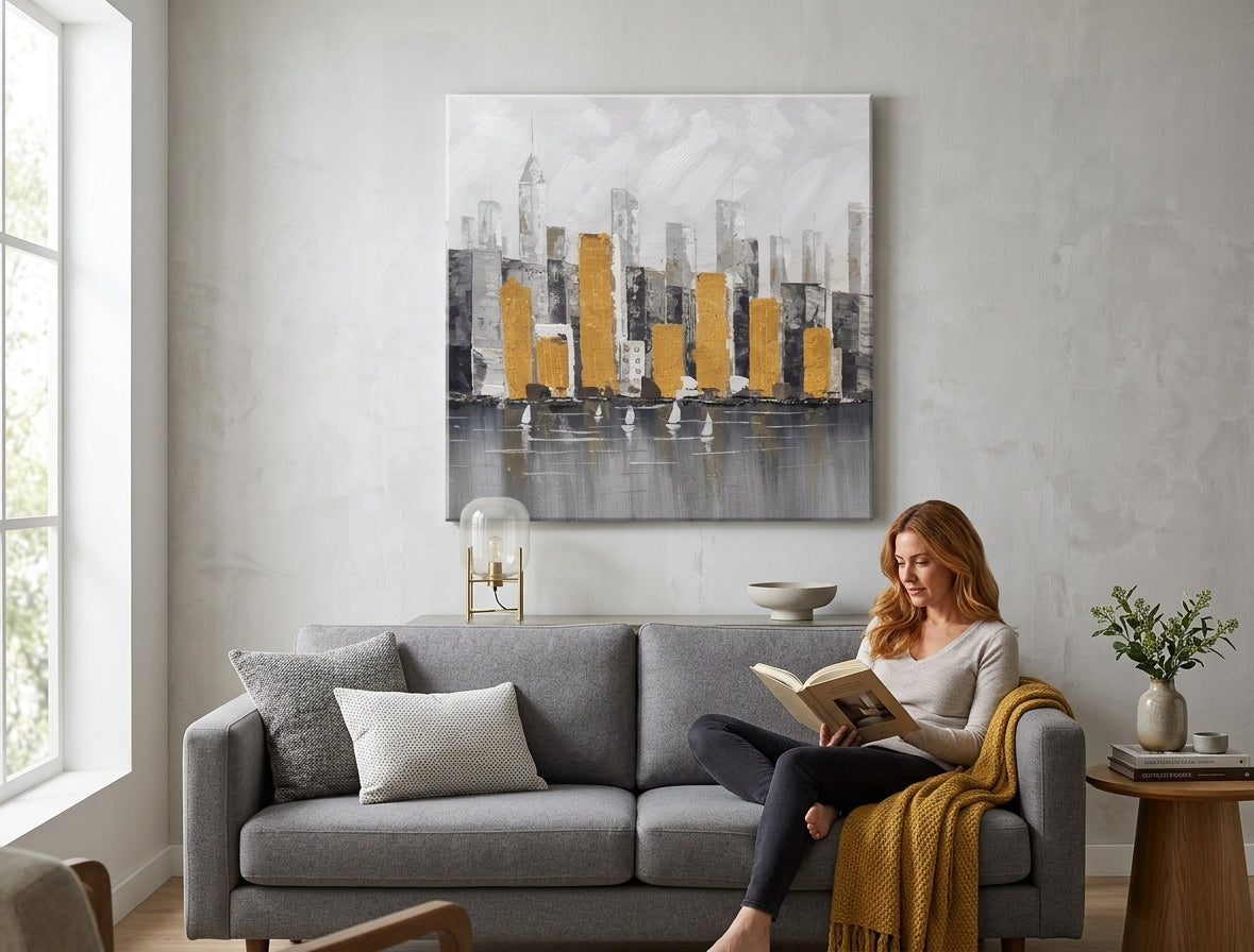 Quadro dipinto per parete CITTÀ 70x70 cm – quadro dipinto a mano in un interno elegante (Modern coastal) | wall mockup | tela premium | Papilora.sk