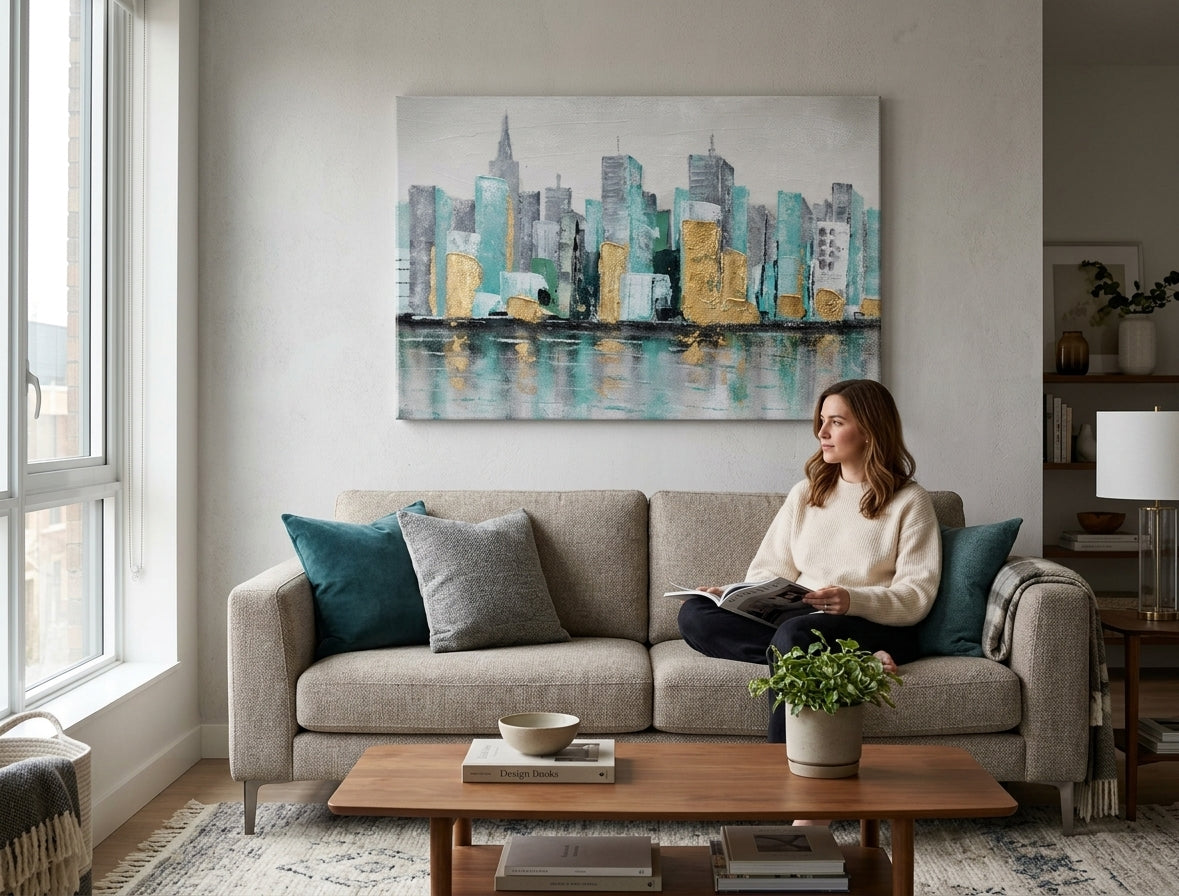Quadro dipinto per parete CITTÀ 90x60 cm – quadro dipinto a mano in un interno elegante (Golden hour luxe) | wall mockup | tela premium | Papilora.sk