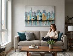 Quadro dipinto per parete CITTÀ 90x60 cm – quadro dipinto a mano in un interno elegante (Golden hour luxe) | wall mockup | tela premium | Papilora.sk