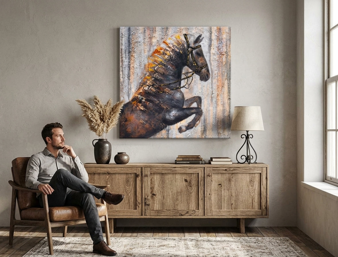 Quadro dipinto per parete CAVALLO 75x75 cm 120x40 cm – quadro dipinto a mano in un interno elegante (Window reading) | wall mockup | tela premium | Papilora.sk
