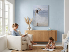 Quadro dipinto da parete DONNA E MARE 60x90 cm – quadro dipinto a mano in un interno elegante (Bohemian warm) | wall mockup | premium canvas | Papilora.sk