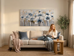 Quadro dipinto per parete FIORI 100x50 cm – quadro dipinto a mano in un interno elegante (Scandi cream) | wall mockup | tela premium | Papilora.sk