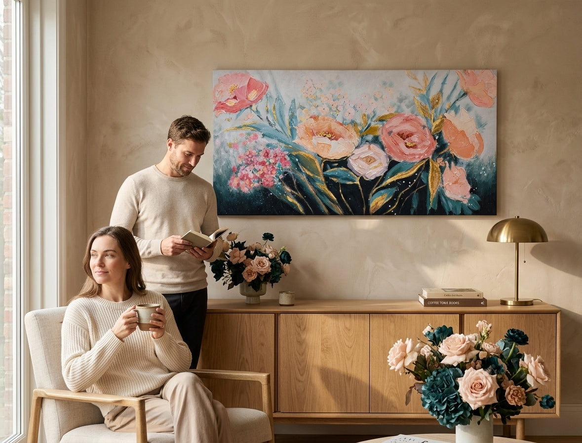 Quadro dipinto per parete FIORI 100x50 cm – quadro dipinto a mano in un interno elegante (Mid-century warm) | wall mockup | tela premium | Papilora.sk