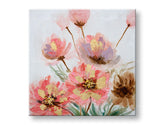Quadro dipinto a mano su tela con motivo di fiori rosa-oro su sfondo chiaro – visualizzazione 3D della tela con telaio in legno visibile, Papilora.