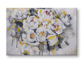 Quadro dipinto a mano su tela con motivo di fiori bianchi astratti con sfumature gialle – visualizzazione 3D della tela con telaio in legno visibile, Papilora.