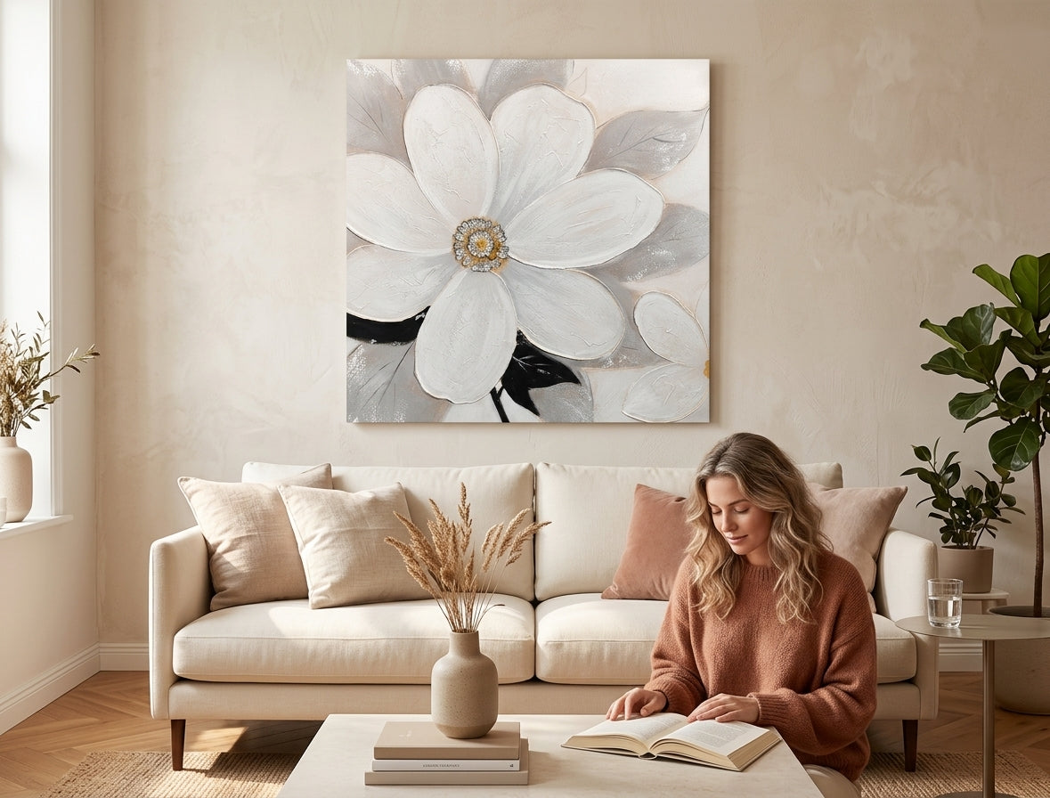 Quadro dipinto per parete FIORI 70x70 cm – quadro dipinto a mano in un interno elegante (Golden hour luxe) | wall mockup | tela premium | Papilora.sk