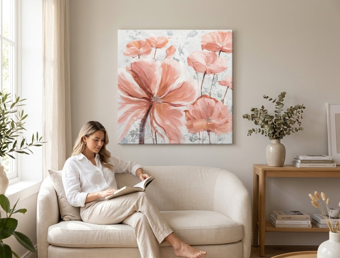 Quadro dipinto per parete FIORI 70x70 cm – quadro dipinto a mano in un interno elegante (Lettura alla finestra) | mockup da parete | tela premium | Papilora.sk