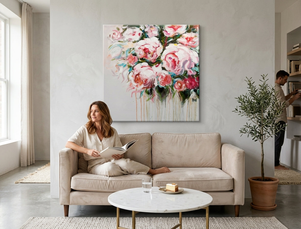 Quadro dipinto per parete FIORI 70x70 cm – quadro dipinto a mano in un interno elegante (Golden hour luxe) | wall mockup | tela premium | Papilora.sk