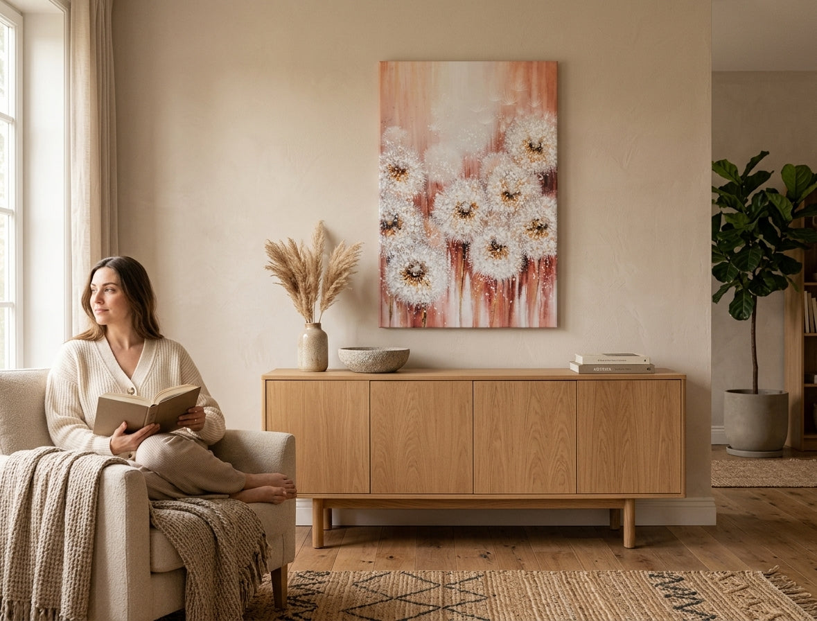 Quadro dipinto per parete FIORI 60x90 cm – quadro dipinto a mano in un interno elegante (Bohemian warm) | wall mockup | tela premium | Papilora.sk