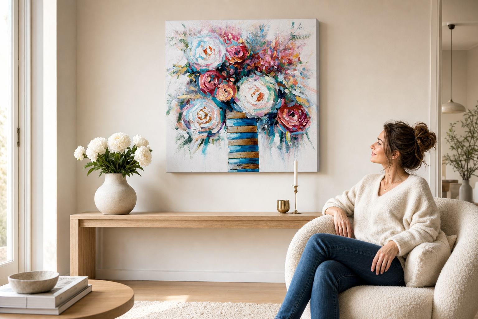Quadro dipinto per parete FIORI 70x70 cm – quadro dipinto a mano in un interno elegante (Scandi cream) | wall mockup | tela premium | Papilora.sk