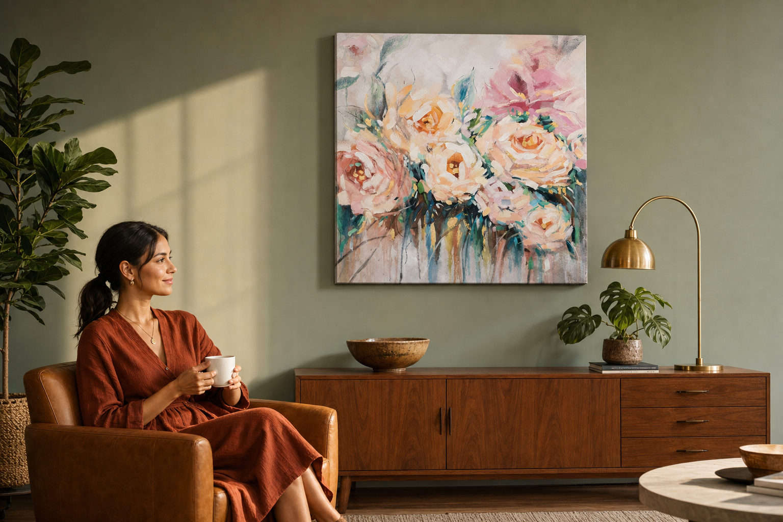 Quadro dipinto per parete FIORI 100x100 cm – quadro dipinto a mano in un interno elegante (Mid-century warm) | wall mockup | premium canvas | Papilora.sk