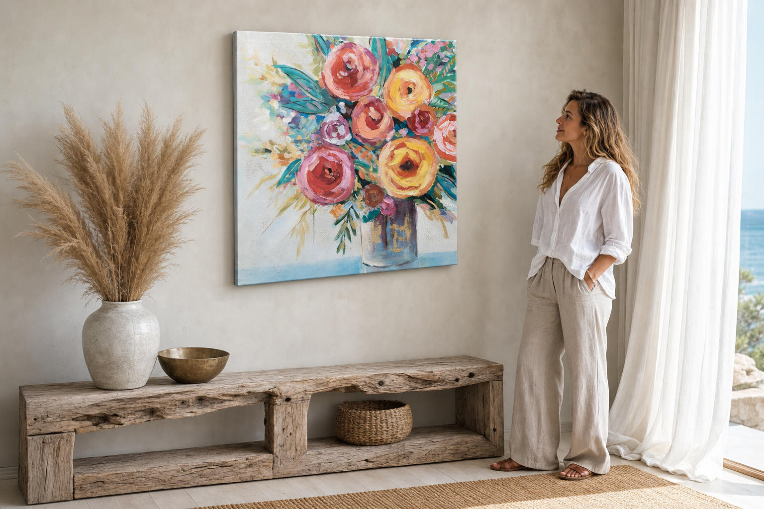 Quadro dipinto per parete FIORI 80x80 cm – quadro dipinto a mano in un interno elegante (Modern coastal) | wall mockup | tela premium | Papilora.sk