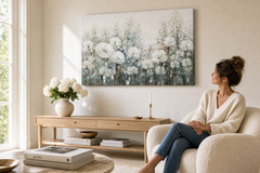 Quadro dipinto per parete FIORI 120x80 cm – quadro dipinto a mano in un interno elegante (Scandi cream) | wall mockup | tela premium | Papilora.sk