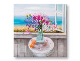 Quadro dipinto a mano su tela con motivo di natura morta floreale al mare in colori pastello – visualizzazione 3D della tela con telaio in legno visibile, Papilora.