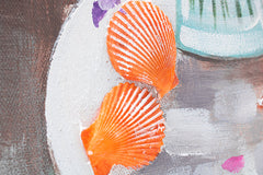 Dettaglio della superficie della tela ARTMIE 340 g/m² con motivo di natura morta floreale al mare in colori pastello – texture in rilievo visibile della pittura a mano.