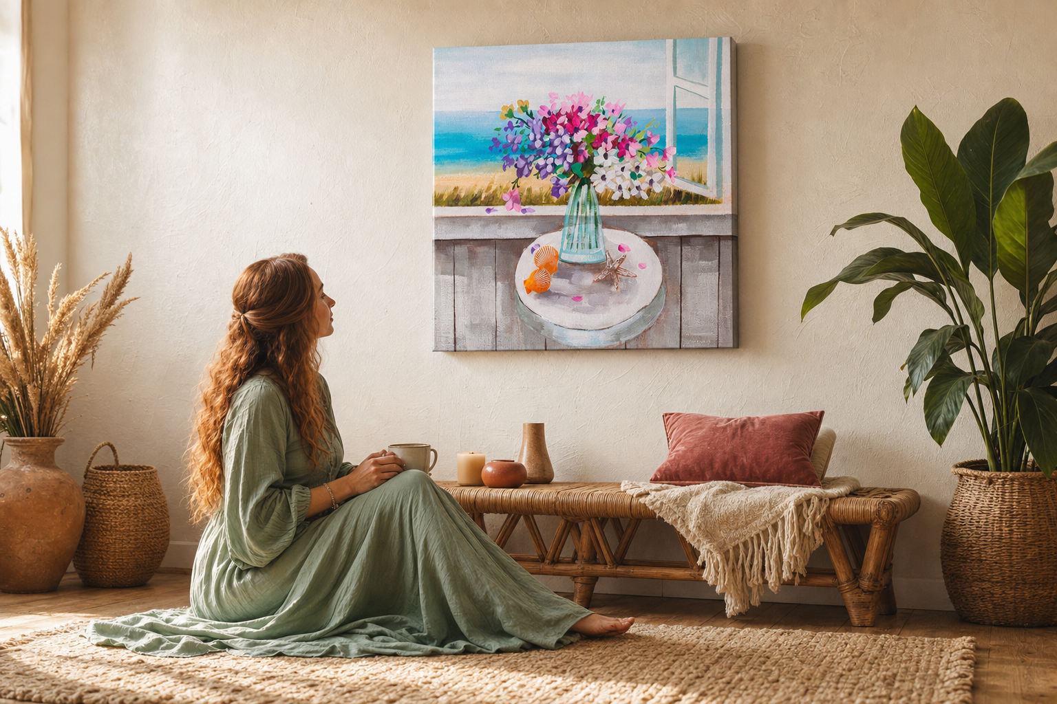 Quadro dipinto a mano con motivo di natura morta floreale al mare in colori pastello appeso in un interno moderno ed elegante sopra una consolle in legno con vaso e candela.