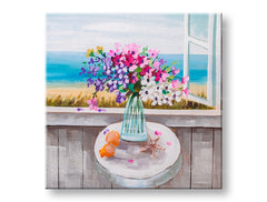Quadro dipinto a mano su tela con motivo di natura morta floreale al mare in colori pastello – visualizzazione 3D della tela con telaio in legno visibile, Papilora.