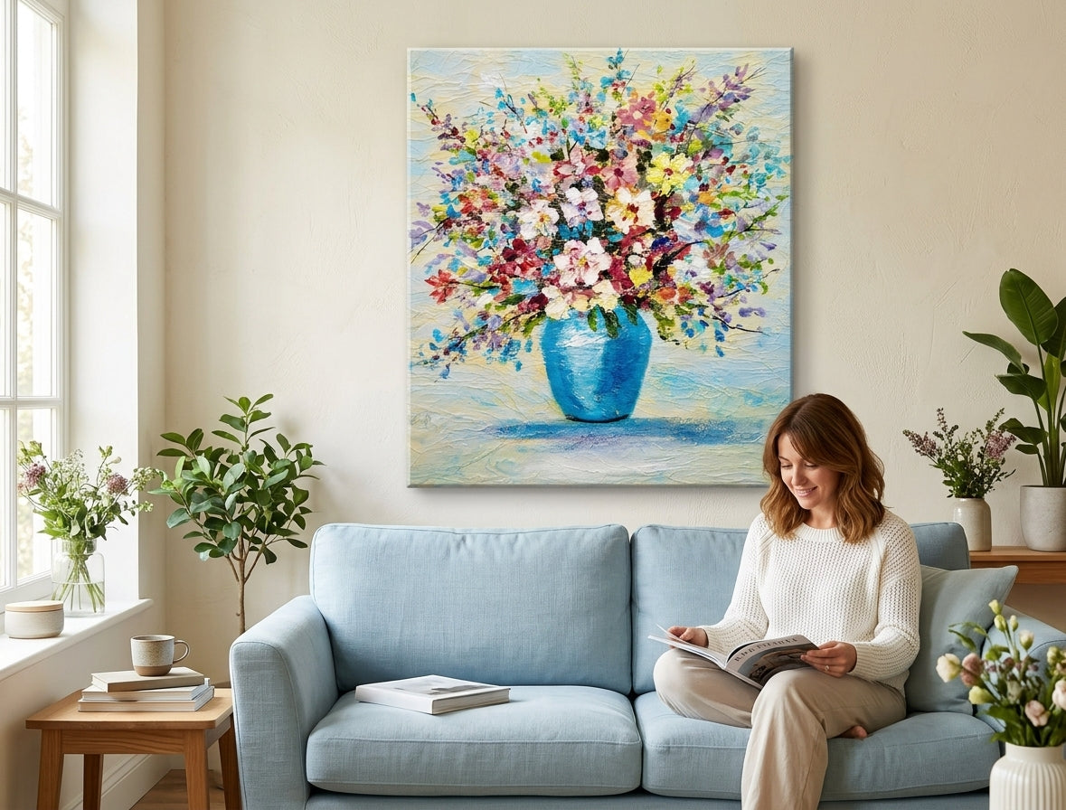 Quadro dipinto a mano con motivo vaso di fiori nei toni blu-rosa appeso in un interno moderno ed elegante sopra una consolle in legno con vaso e candela.