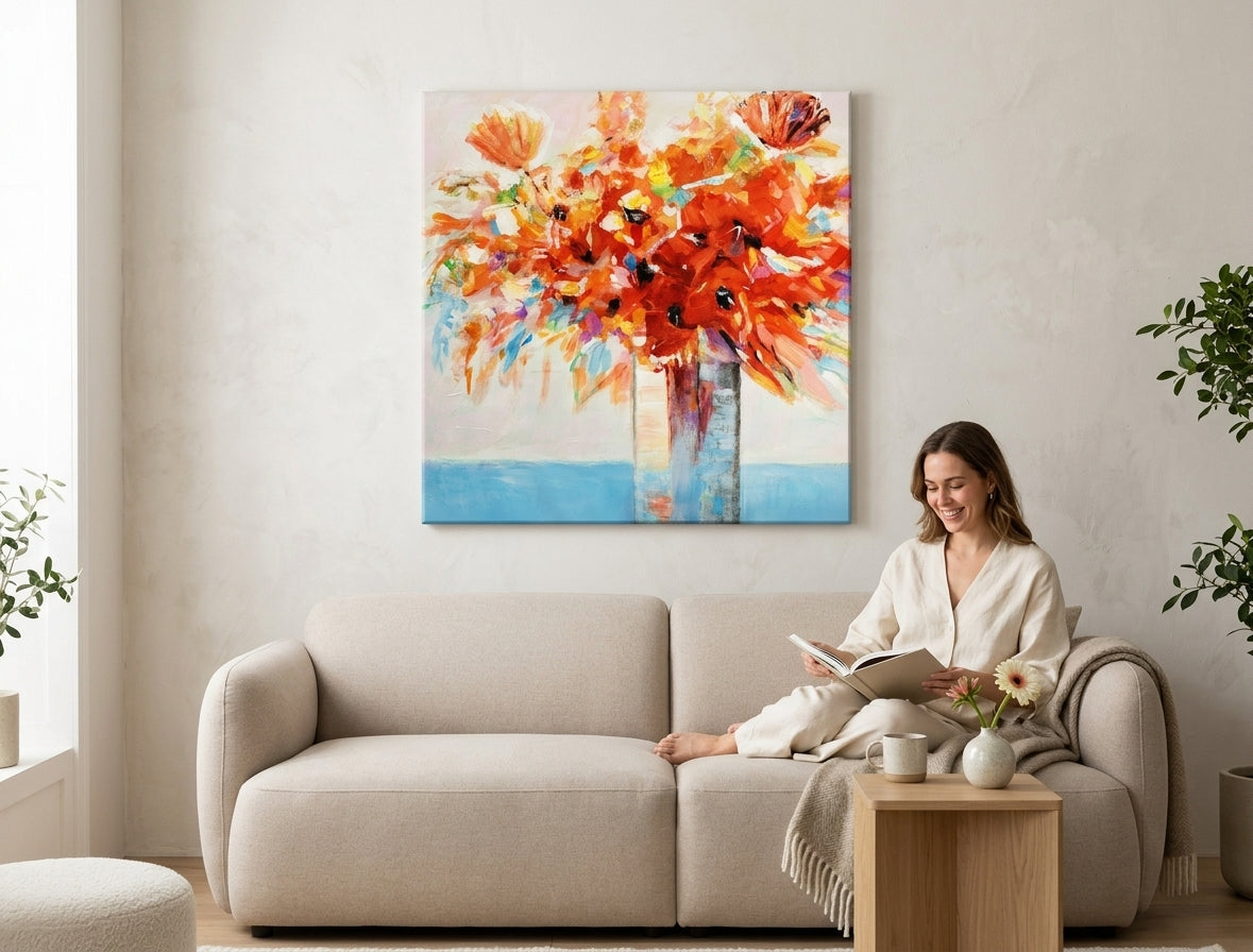 Quadro dipinto per parete FIORI NEL VASO 70x70 cm – quadro dipinto a mano in un interno elegante (Bohemian warm) | wall mockup | premium canvas | Papilora.sk